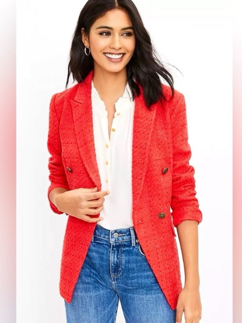 Ann Taylor Red Tweed Boucle Double-Breasted Blazer